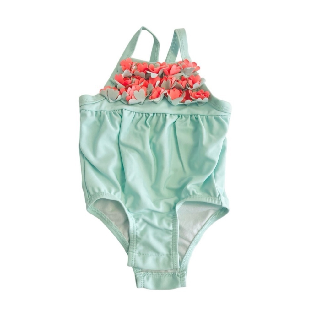 Cat & Jack Baby Girl 6-9 MTHS Mint Green One Piece w/Pink Flowers - Like New